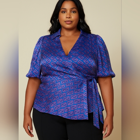 ECI New York Tops - VTG ECI New York 100% Silk Blouse Asymmetric Wrap Geometric Purple Blue Size 14